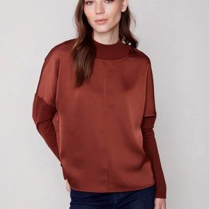 New! Charlie B. Satin Knit Top with Mock Neck, Cinnamon Color, XS (fits S)